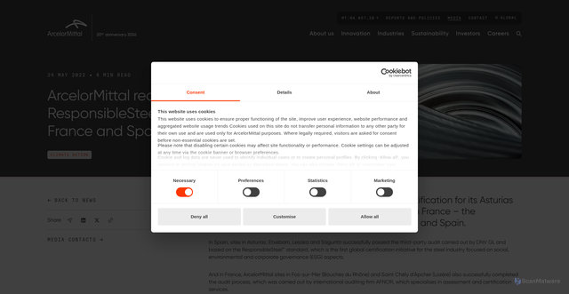 Security scan screenshot of https://corporate.arcelormittal.com/media/news/non-regulatory-news/arcelormittal-receives-first-responsiblesteel-certifications-for-france-and-spain