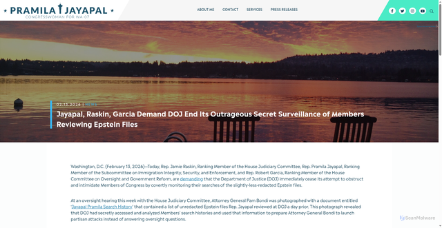 Security scan screenshot of https://jayapal.house.gov/2026/02/13/jayapal-raskin-garcia-demand-doj-end-its-outrageous-secret-surveillance-of-members-reviewing-epstein-files/