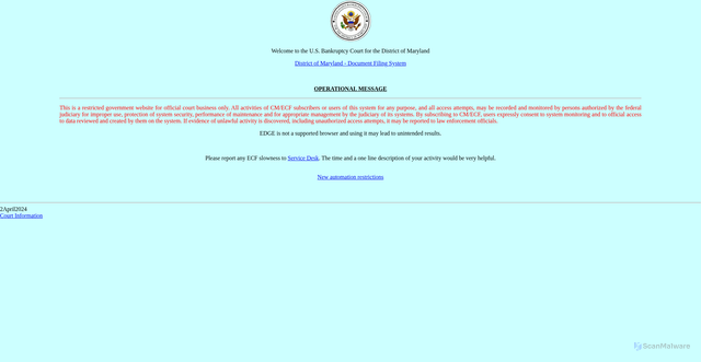 Security scan screenshot of https://ecf.mdb.uscourts.gov