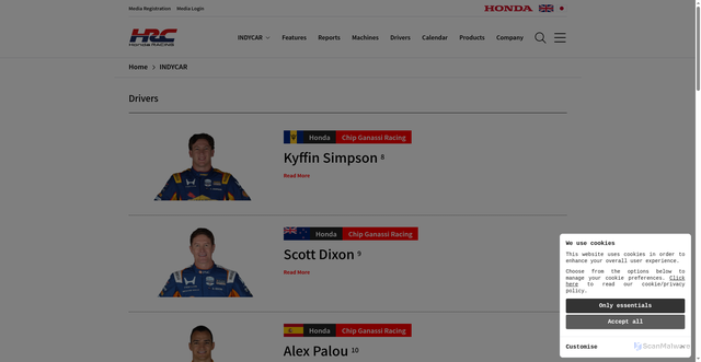 Security scan screenshot of https://honda.racing/indy-car-series/profiles