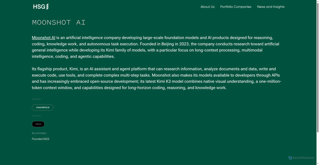 Security scan screenshot of https://www.hsgcap.com/companies/moonshot-ai/
