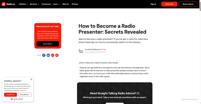 Security scan screenshot of https://www.radio.co/blog/how-to-become-a-radio-presenter?srsltid=AfmBOopaZSh2VIkbCPGsM3byGX9Opm5vBR7EMZtQcO2O6k6PdI0zR9RA