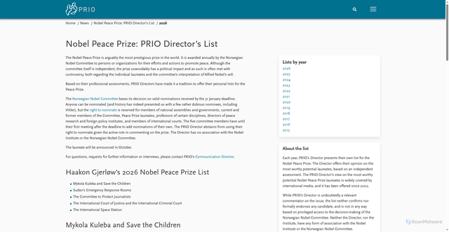 Security scan screenshot of https://www.prio.org/nobellist/2026