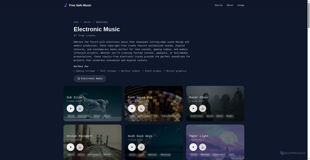 Security scan screenshot of https://freesafemusic.pages.dev/genres/electronic/