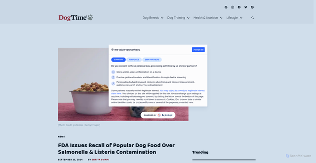 Security scan screenshot of https://dogtime.com/news/163334-fda-alert-pet-food-dogs-recalled-salmonella-listeria