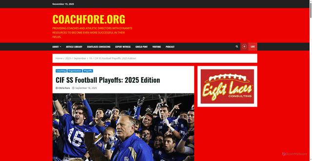 Security scan screenshot of https://coachfore.org/2025/09/18/cif-ss-football-playoffs-2025-edition/