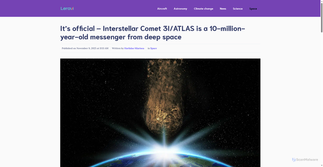 Security scan screenshot of https://www.leravi.org/its-official-interstellar-comet-3i-atlas-is-a-10-million-year-old-messenger-from-deep-space-16168/