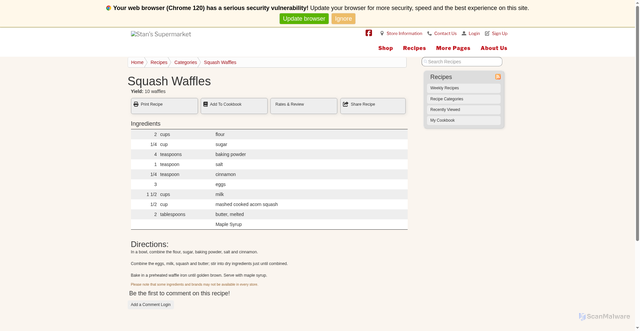 Security scan screenshot of https://www.wisheksausage.net/Recipes/Detail/4139/Squash_Waffles/