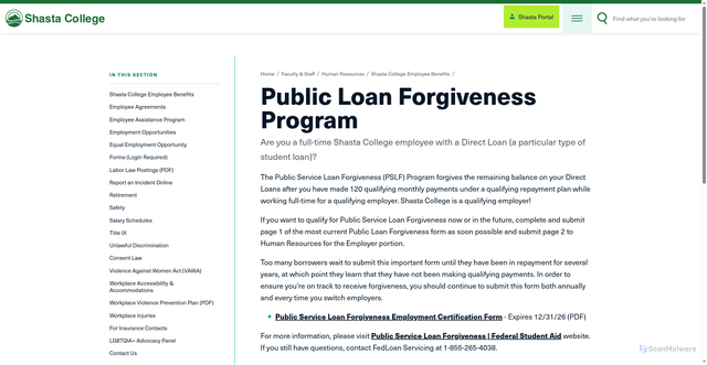Security scan screenshot of https://www.shastacollege.edu/faculty-staff/human-resources/benefits/public-loan-forgiveness-program/