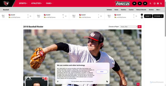 Security scan screenshot of https://eastbaypioneers.com/sports/baseball/roster/alex-vesia/3016