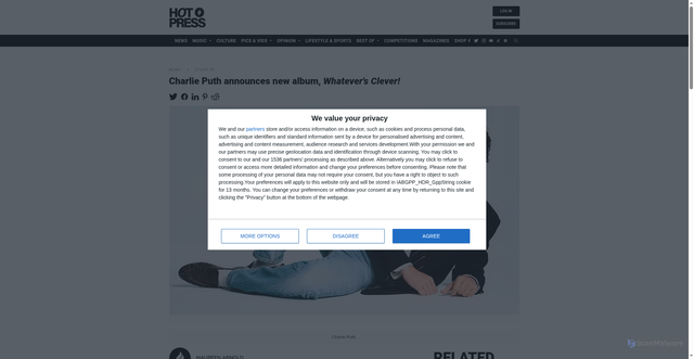 Security scan screenshot of https://www.hotpress.com/music/charlie-puth-announces-new-album-whatevers-clever-23113360