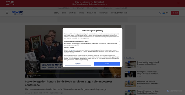 Security scan screenshot of https://connecticut.news12.com/state-delegation-honor-sandy-hook-survivors-at-gun-violence-press-conference