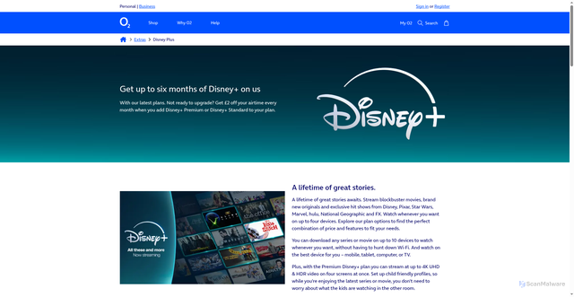 Security scan screenshot of https://www.o2.co.uk/extras/disney-plus