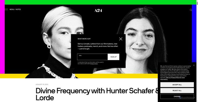 Security scan screenshot of https://a24films.com/notes/2022/01/divine-frequency-with-hunter-schafer-lorde