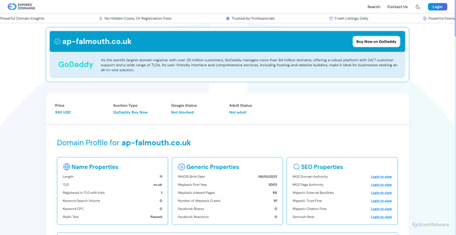 Security scan screenshot of https://expireddomains.com/domain/ap-falmouth.co.uk