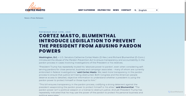 Security scan screenshot of https://www.cortezmasto.senate.gov/news/press-releases/cortez-masto-blumenthal-introduce-legislation-to-prevent-the-president-from-abusing-pardon-powers/