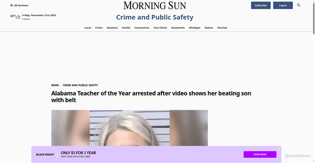 Security scan screenshot of https://www.themorningsun.com/2025/11/21/mobile-alabama-teacher-arrested-nicole-staples-child-beating-video/