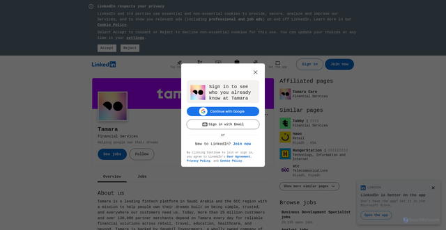Security scan screenshot of https://www.linkedin.com/company/tamara/