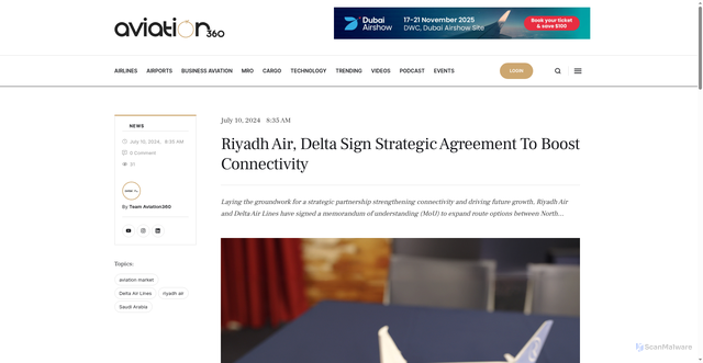 Security scan screenshot of https://www.aviation360me.com/riyadh-air-delta-sign-strategic-agreement-to-boost-connectivity/
