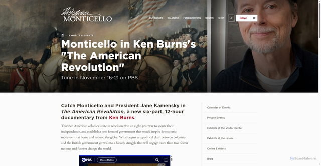 Security scan screenshot of https://www.monticello.org/exhibits-events/ken-burns-documentary/