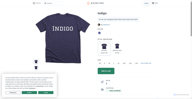 Security scan screenshot of https://www.bonfire.com/indigo-2/?srsltid=AfmBOopFpXcc3IvYvi8J3oHmnQi9YCF-q7-gN-xWUqE_i3XlQdL0n2c0