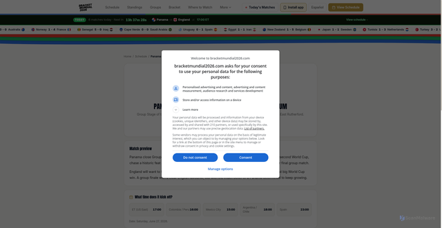 Security scan screenshot of https://bracketmundial2026.com/en/matches/panama-vs-england