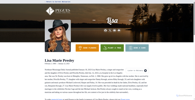 Security scan screenshot of https://www.peguesfuneralhome.com/obituaries/lisa-marie-presley