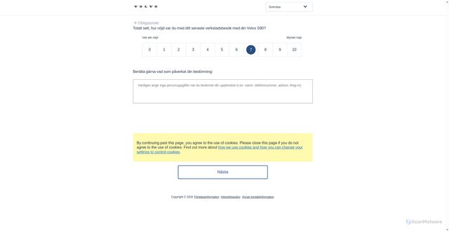 Security scan screenshot of https://feedback.volvocars.com/?erpn6rrzf6y5ts27fx9pht&lng=sv_SE&_score=7