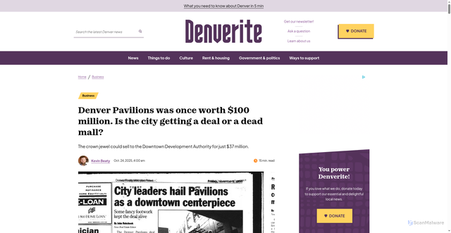 Security scan screenshot of https://denverite.com/2025/10/24/city-buying-denver-pavilions-explained/