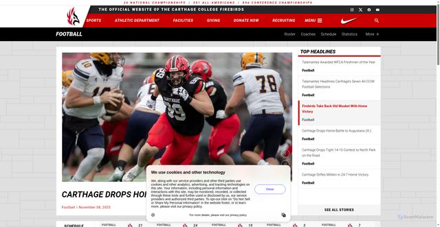 Security scan screenshot of https://athletics.carthage.edu/sports/football