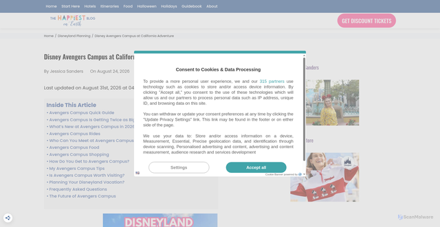 Security scan screenshot of https://thehappiestblogonearth.com/disney-avengers-campus/