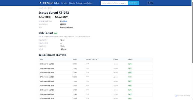 Security scan screenshot of https://dxbairportdubai.com/fr/flight/fz1073/