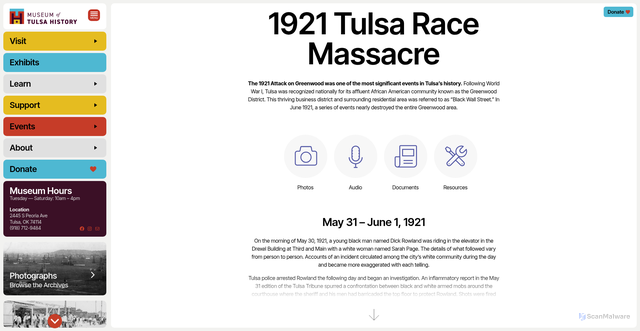 Security scan screenshot of https://tulsahistory.org/exhibit/1921-tulsa-race-massacre/