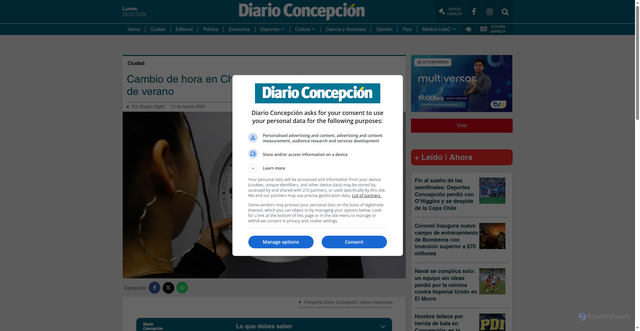 Security scan screenshot of https://www.diarioconcepcion.cl/ciudad/2026/08/31/cambio-de-hora-en-chile-verano.html