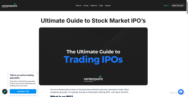 Security scan screenshot of https://centerpointsecurities.com/stock-market-ipos/