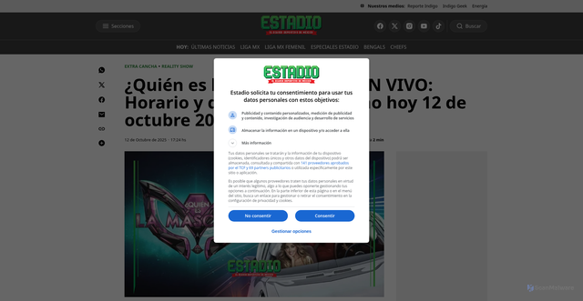 Security scan screenshot of https://www.estadiodeportes.mx/extracancha/Estreno-de-Quien-es-la-Mascara-2025-Horario-y-donde-ver-EN-VIVO-hoy-12-de-octubre-2025-20251011-0046.html