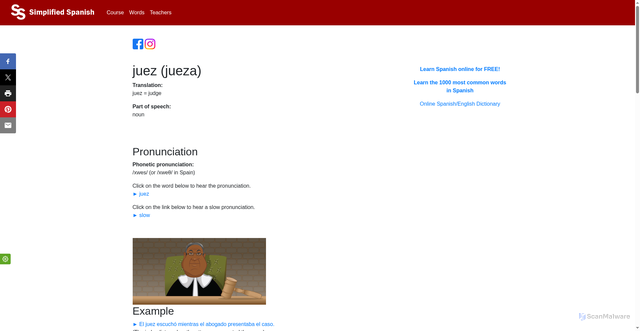 Security scan screenshot of https://www.simplifiedspanish.com/words/juez.html