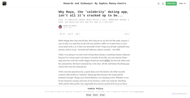 Security scan screenshot of https://sophiamoneycoutts.substack.com/p/why-raya-the-celebrity-dating-app