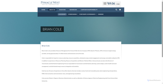 Security scan screenshot of https://www.pinnaclewest.com/about-us/leadership/Brian-Cole/