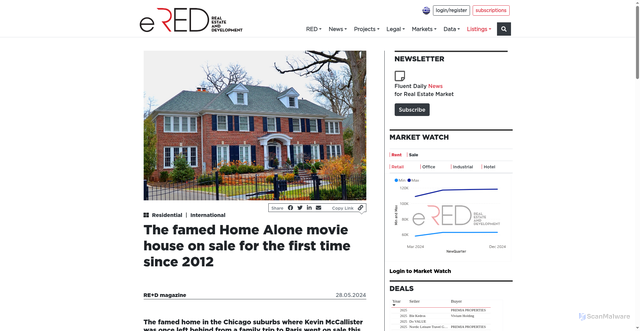 Security scan screenshot of https://www.ered.gr/real-estate-news/the-famed-home-alone-movie-house-on-sale-for-the-first-time-since-2013