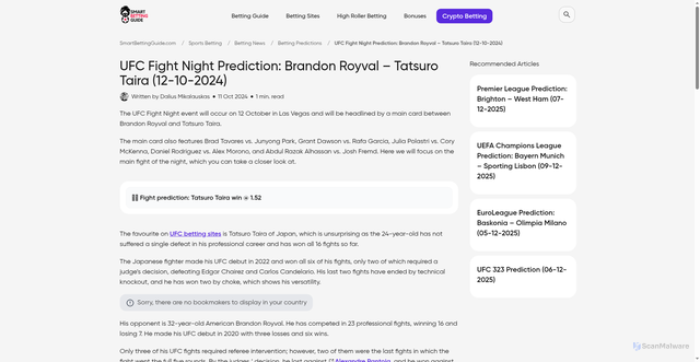 Security scan screenshot of https://smartbettingguide.com/ufc-fight-night-prediction-brandon-royval-tatsuro-taira/