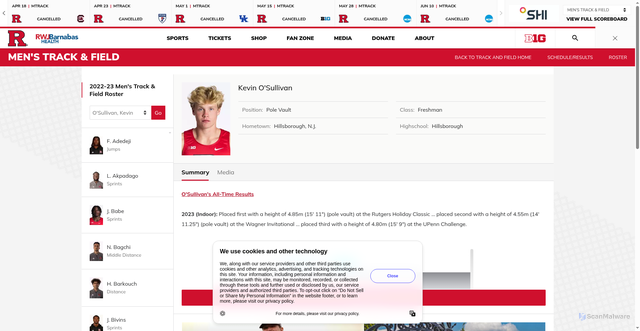 Security scan screenshot of https://scarletknights.com/sports/mens-track-and-field/roster/kevin-o-sullivan/12387