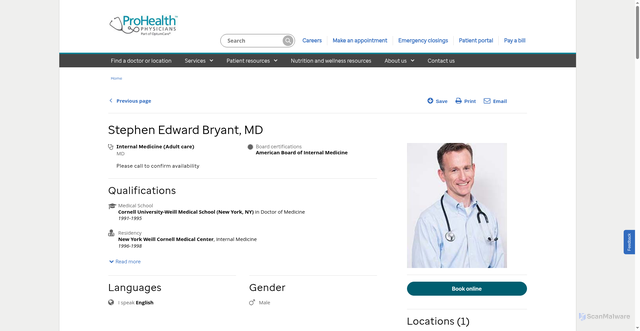 Security scan screenshot of https://www.prohealthmd.com/locations-nav/providers/ct/stephen-bryant-md/1386655694.html