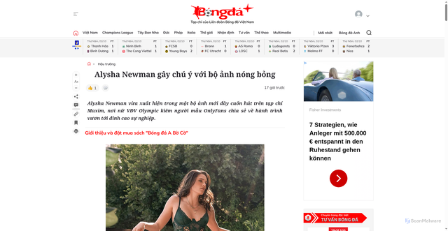 Security scan screenshot of https://bongdaplus.vn/hau-truong-bong-da/alysha-newman-gay-chu-y-voi-bo-anh-nong-bong-4823722510.html