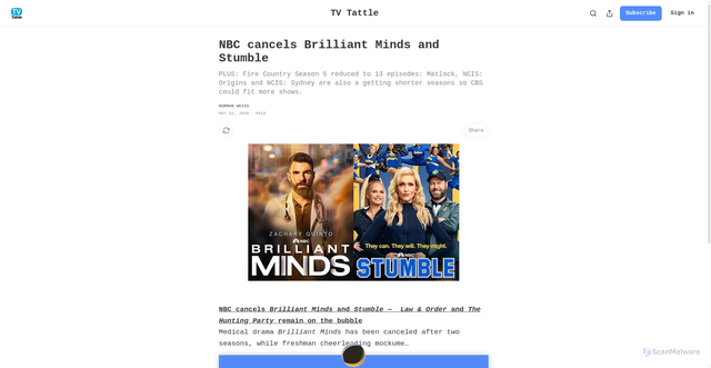 Security scan screenshot of https://www.tvtattle.com/p/nbc-cancels-brilliant-minds-and-stumble