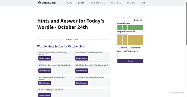 Security scan screenshot of https://wordraiders.com/solvers/todays-wordle-hints-plus-answer/