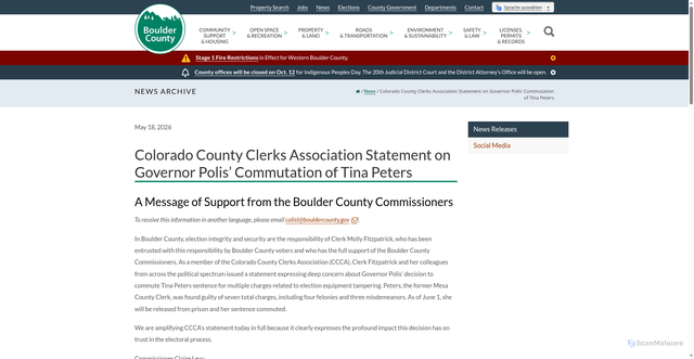 Security scan screenshot of https://bouldercounty.gov/news/colorado-county-clerks-association-statement-on-governor-polis-commutation-of-tina-peters/