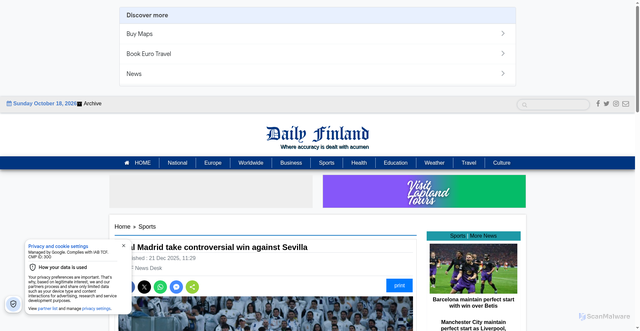 Security scan screenshot of https://www.dailyfinland.fi/sports/46889/Real-Madrid-take-controversial-win-against-Sevilla