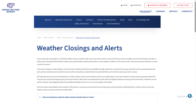 Security scan screenshot of https://www.springlakeparkschools.org/our-district/safety-and-security-plan/weather-closings-and-alerts