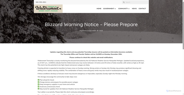 Security scan screenshot of https://www.watersmeet.us/winter-weather-notice-please-prepare/